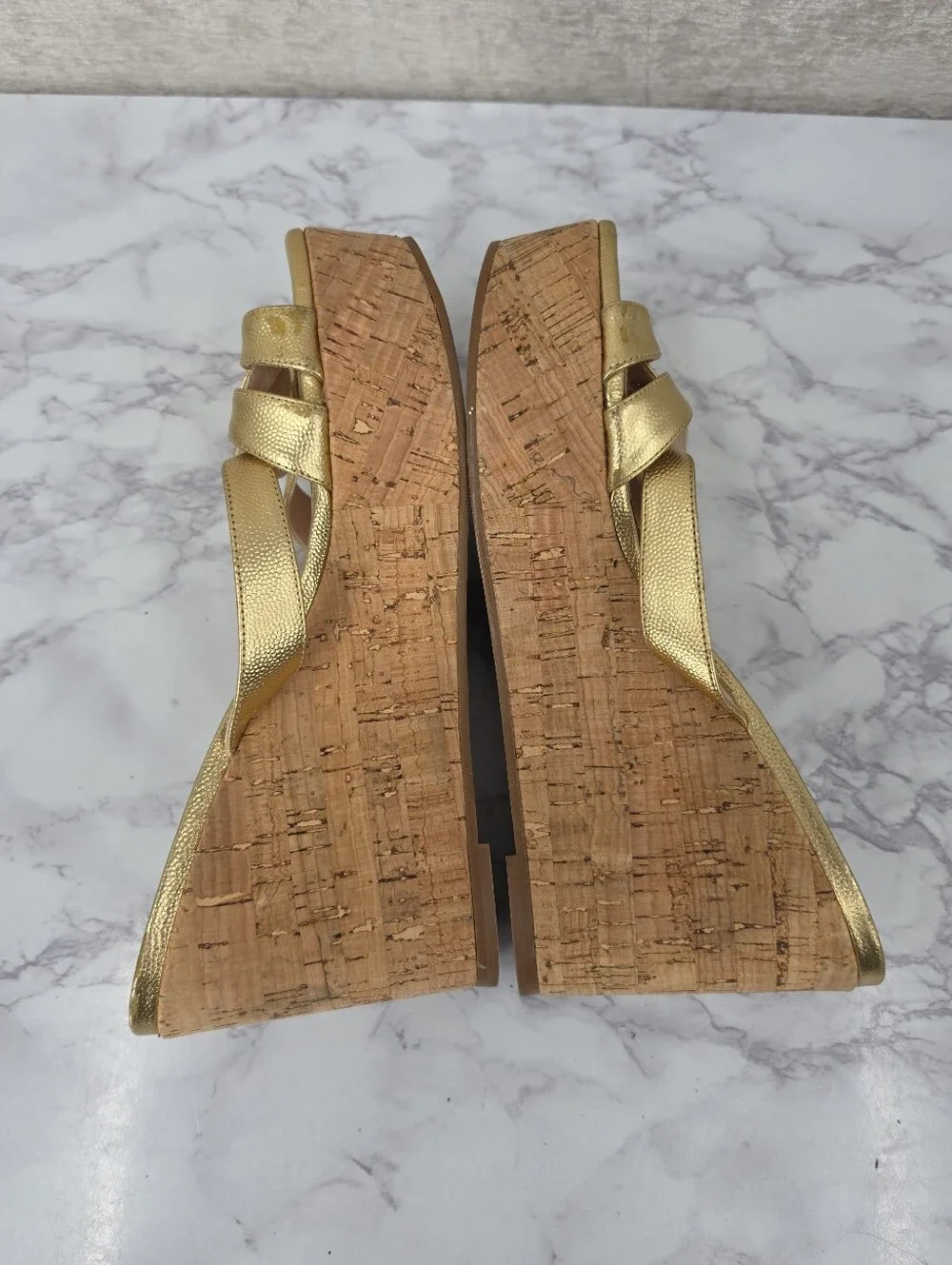 Stuart Weitzman Metallic Gold Leather Straps Cork Wedge Platform Sandals - Picture 8 of 15